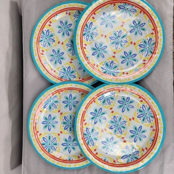 Melamine Dinner Plates 10.5" Medallion Floral Aqua Blue Yellow Orange Textured 4 - Picture 2 of 4